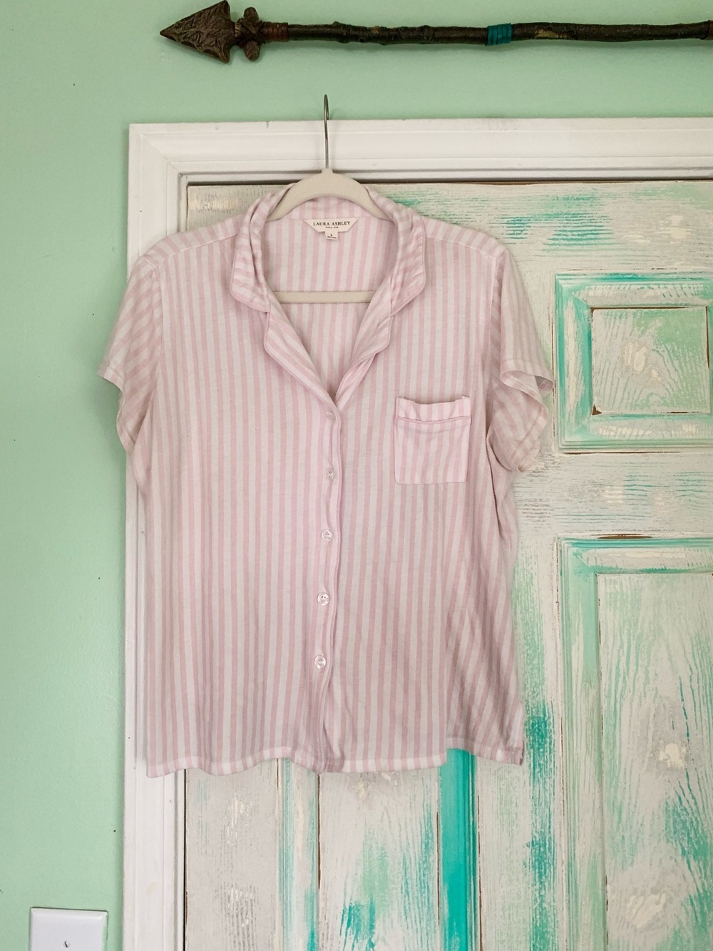 Laura Ashley Pink & White Striped Pajama Top Shirt Large